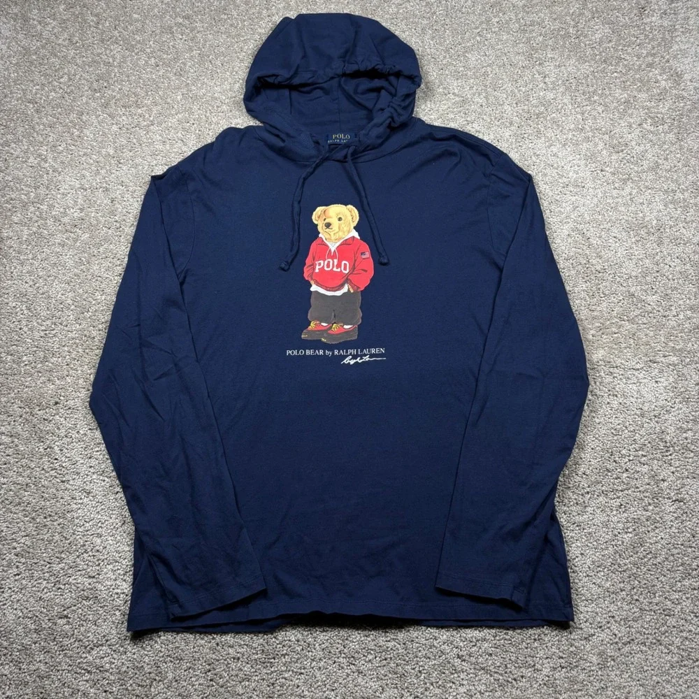 Polo Ralph Lauren Mens Polo Bear Hooded Long Sleeve T-Shirt Navy Blue Large